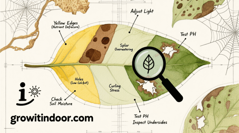 Illustrated blueprint-style guide to understanding leaves, showing signs of overwatering, nutrient deficiency, and pest damage – growitindoor.com