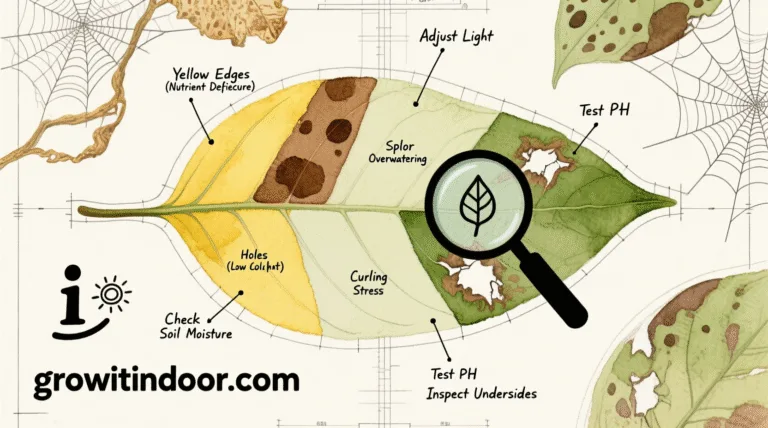 Illustrated blueprint-style guide to understanding leaves, showing signs of overwatering, nutrient deficiency, and pest damage – growitindoor.com