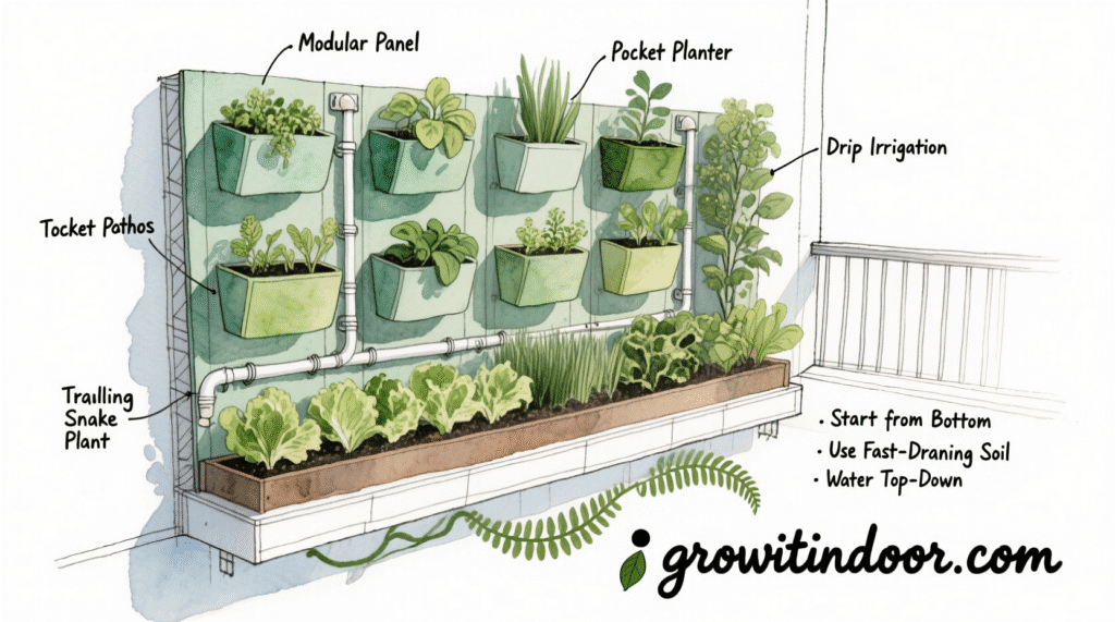 Illustrated blueprint-style guide to diagnosing and rescuing a dying houseplant, with labeled symptoms like yellow leaves and root rot – growitindoor.com