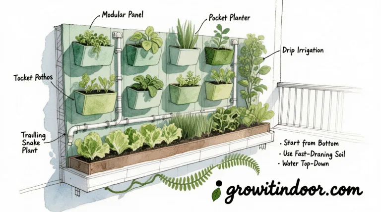 Illustrated blueprint-style guide to diagnosing and rescuing a dying houseplant, with labeled symptoms like yellow leaves and root rot – growitindoor.com
