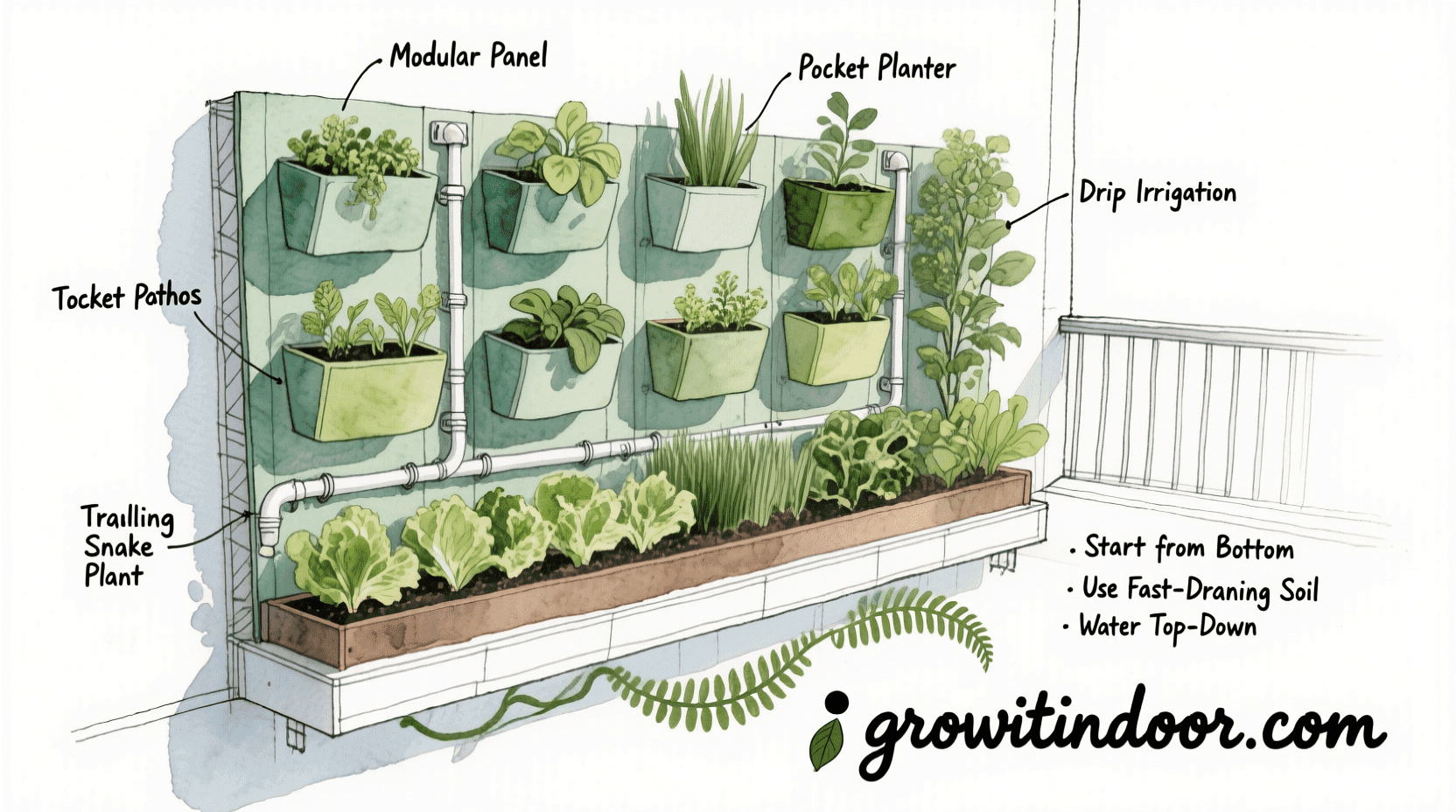 Illustrated blueprint-style guide to diagnosing and rescuing a dying houseplant, with labeled symptoms like yellow leaves and root rot – growitindoor.com
