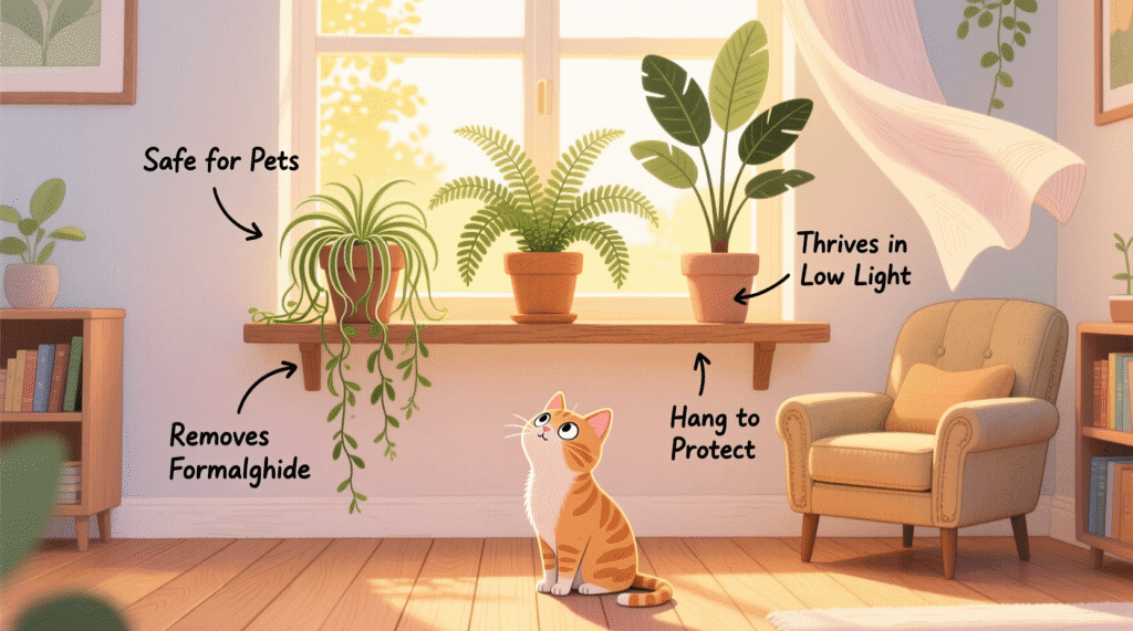 best air-purifying plants for apartments with cats, placed safely on a high shelf in a sunlit living room