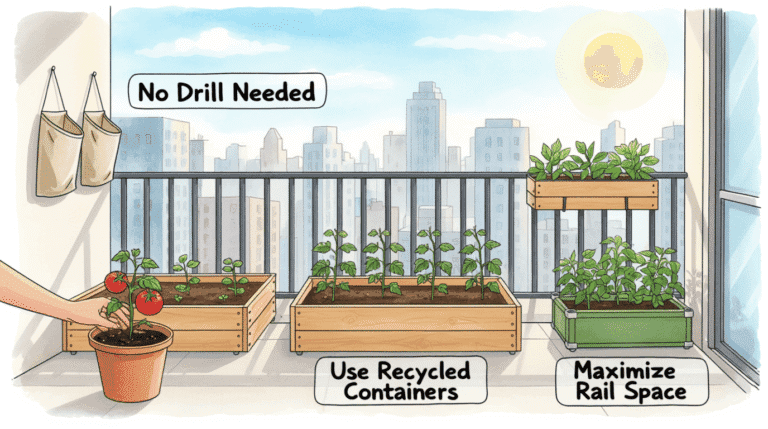 balcony garden on a budget no drill, using recycled containers and foldable planters on a small urban balcony