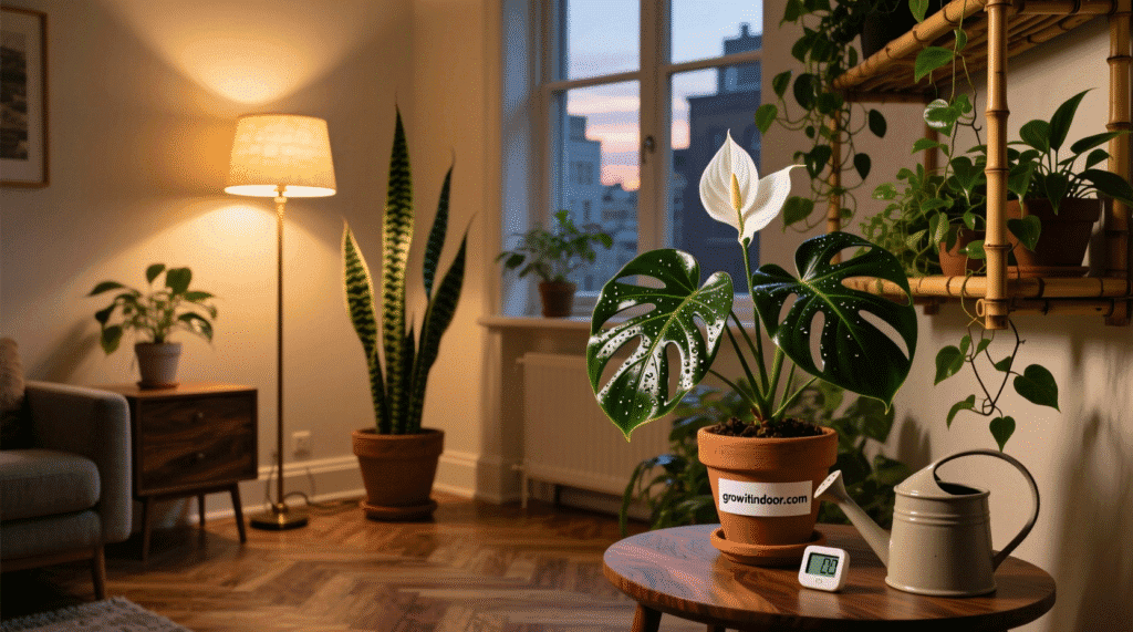 plants to grow indoors without sunlight – snake plant, ZZ plant, and pothos thriving in a dim apartment