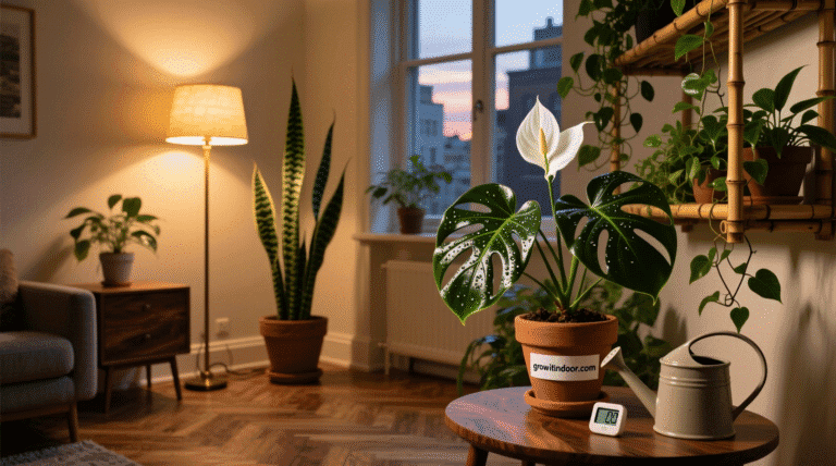 plants to grow indoors without sunlight – snake plant, ZZ plant, and pothos thriving in a dim apartment