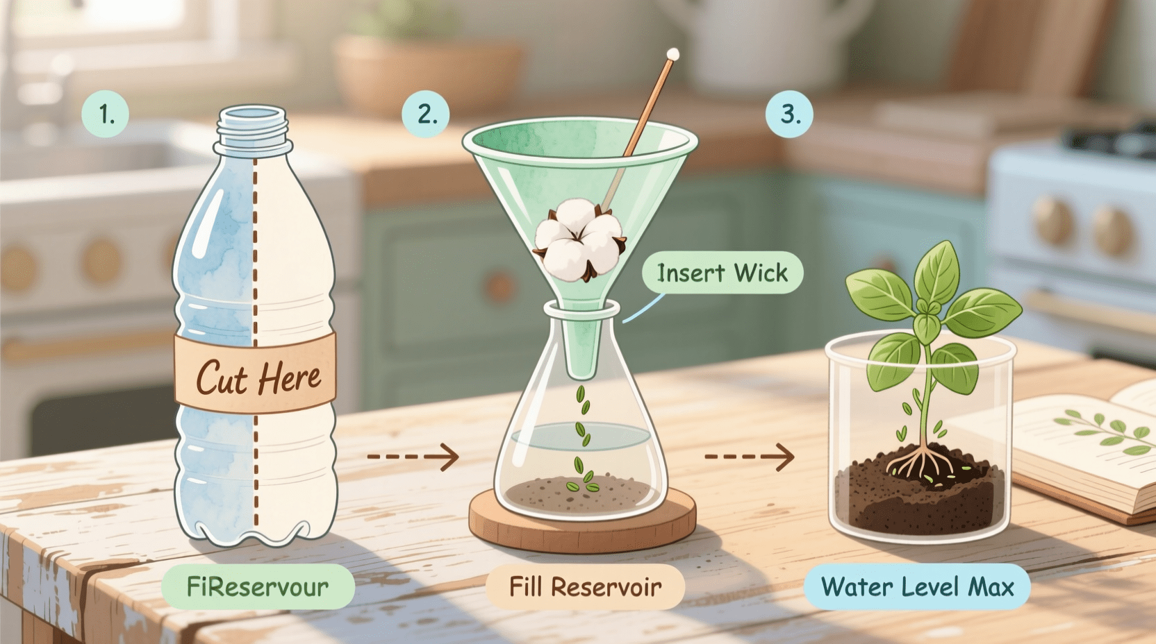 diy self-watering planter made from recycled plastic bottle growing basil on a kitchen windowsill