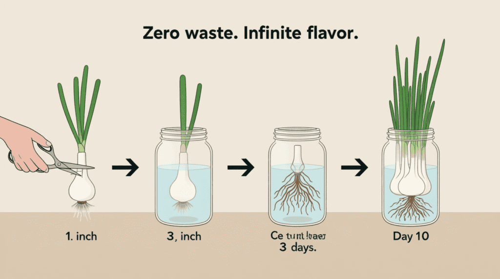 grow scallions indoors from kitchen scraps in a glass jar on a sunny windowsill