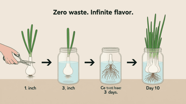 grow scallions indoors from kitchen scraps in a glass jar on a sunny windowsill