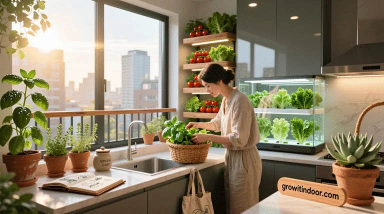grow your own food in an apartment – indoor herbs, balcony vegetables, and hydroponic system in a modern urban home