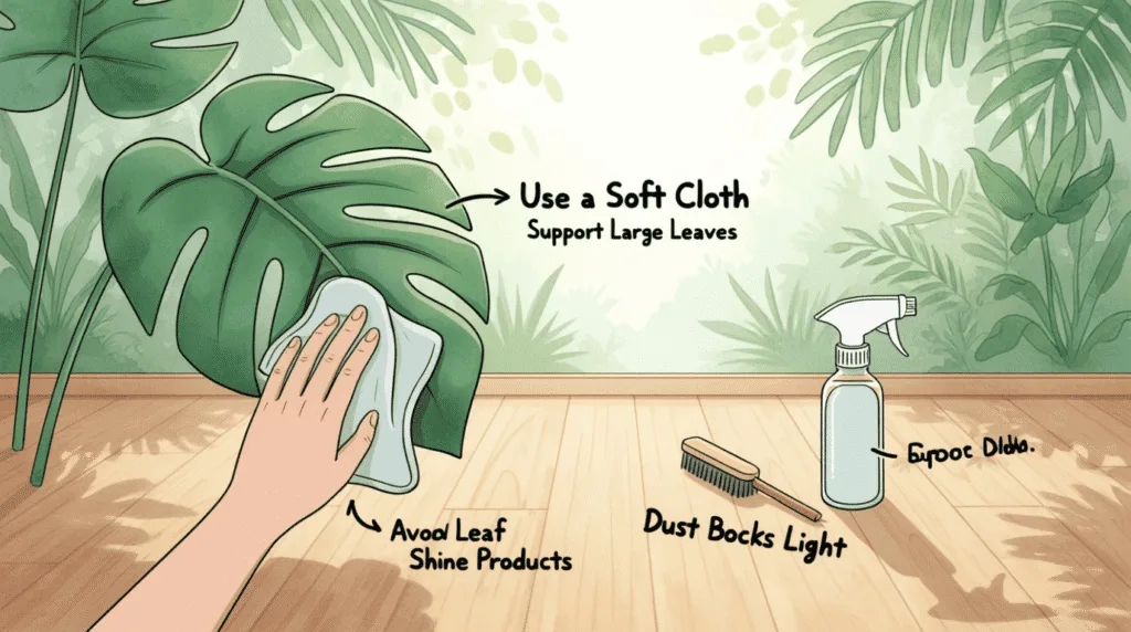how to clean plant leaves properly using a soft cloth and water on a monstera leaf in bright indirect light