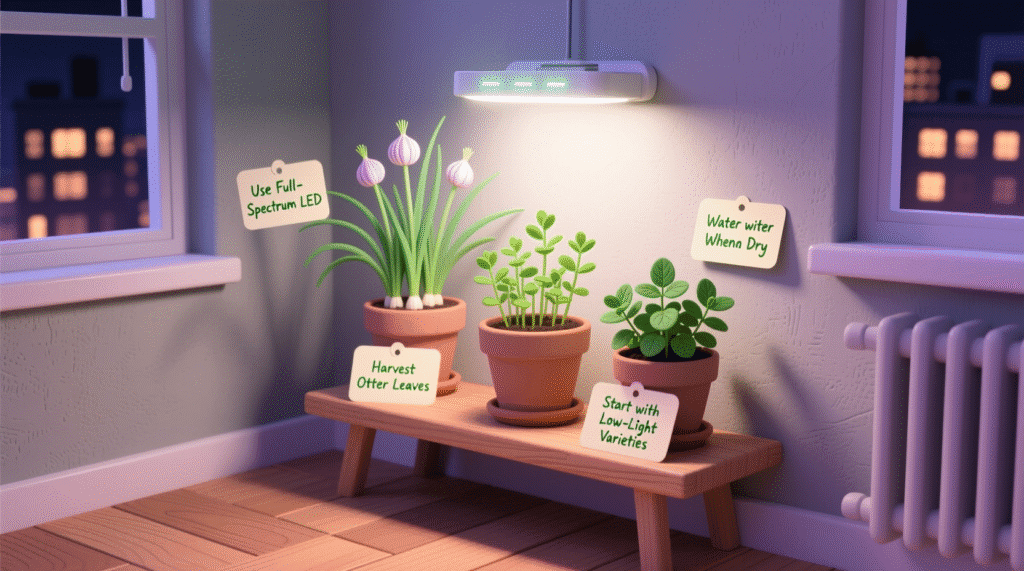 low-light edible plants growing in a dim corner of an apartment using LED grow lights