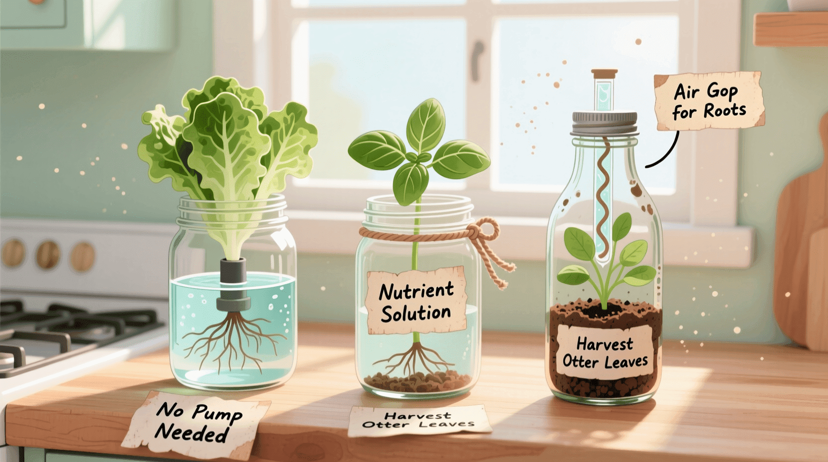 low-tech hydroponics for beginners using mason jars and a simple Kratky setup on a sunny kitchen windowsill