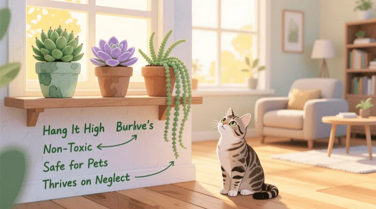 pet-safe succulents for cats and dogs, placed on a high shelf in a sunny living room with no signs of chewing