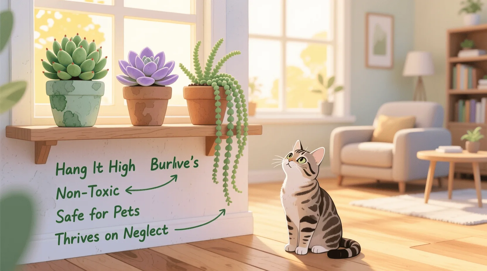 pet-safe succulents for cats and dogs, placed on a high shelf in a sunny living room with no signs of chewing