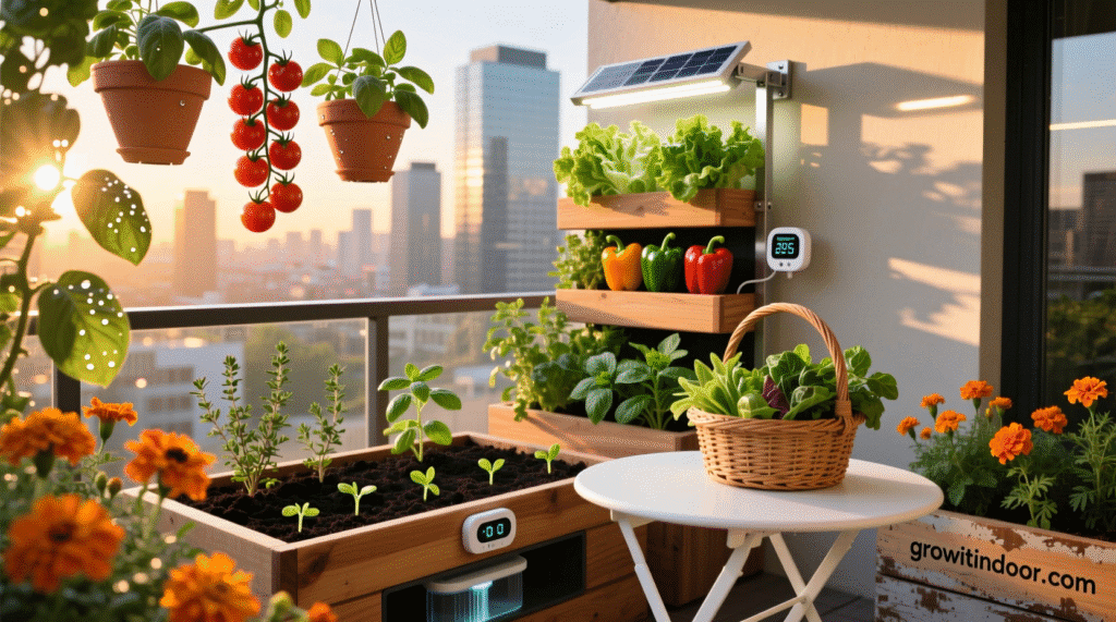 balcony gardening guide 2025 – thriving edible garden with tomatoes, herbs, and vertical planters