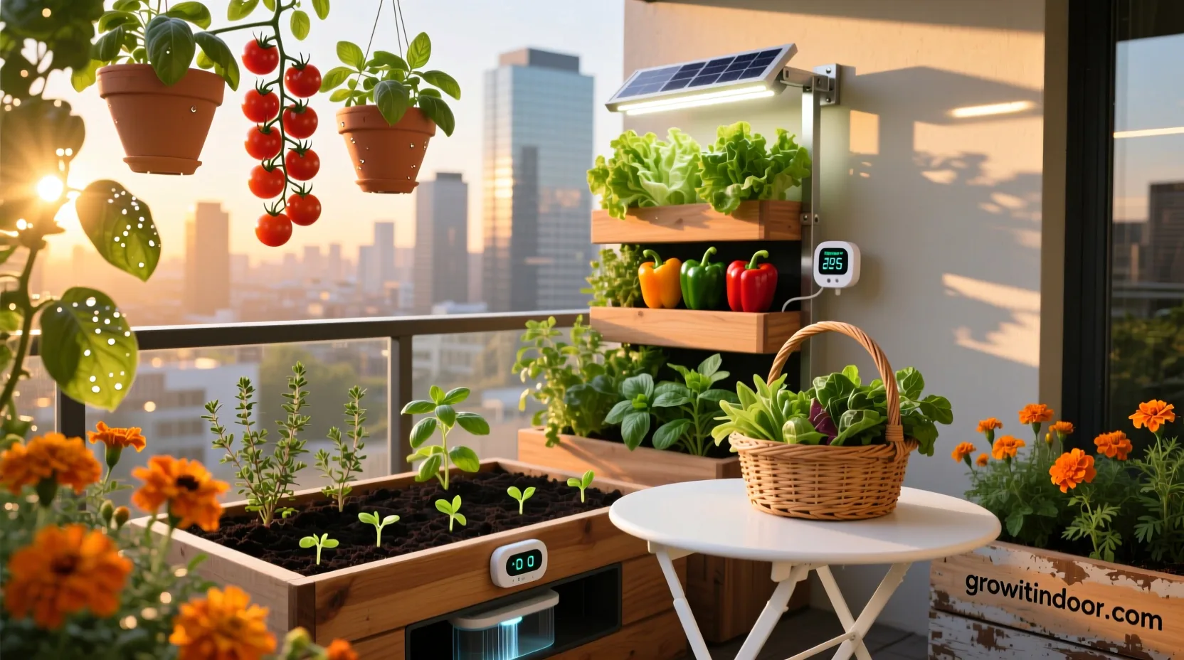 balcony gardening guide 2025 – thriving edible garden with tomatoes, herbs, and vertical planters