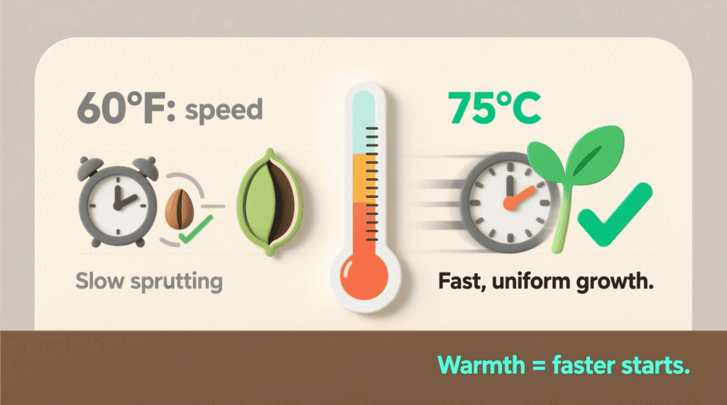 use heat mat for seed germination with trays of young tomato and pepper seedlings in a warm indoor setup