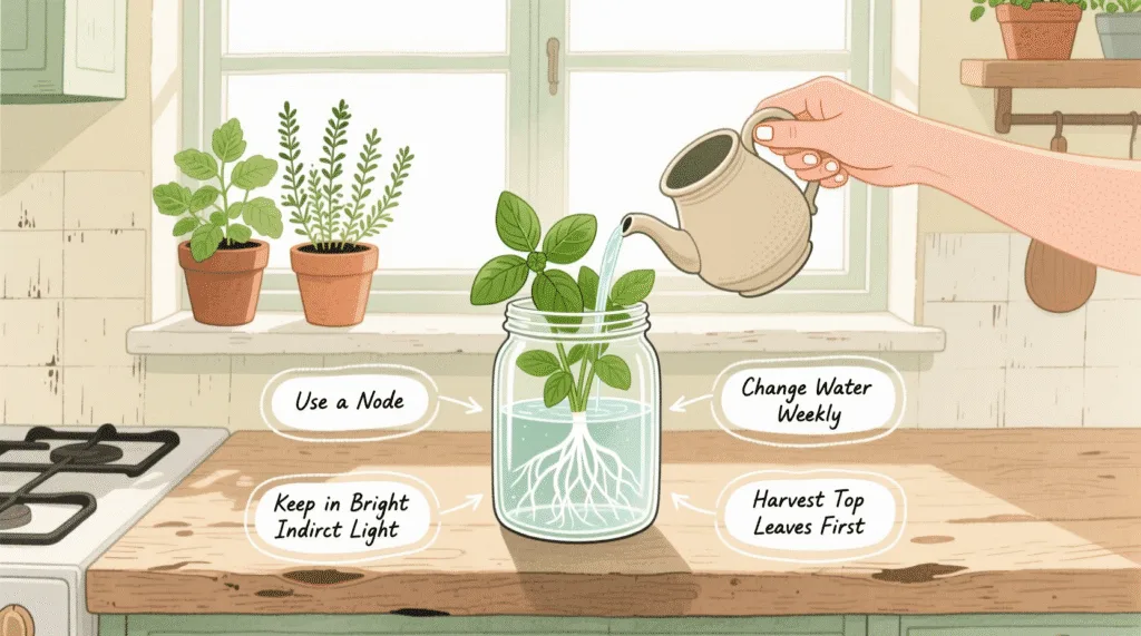 grow basil in water indoors with healthy roots in a clear jar on a kitchen windowsill