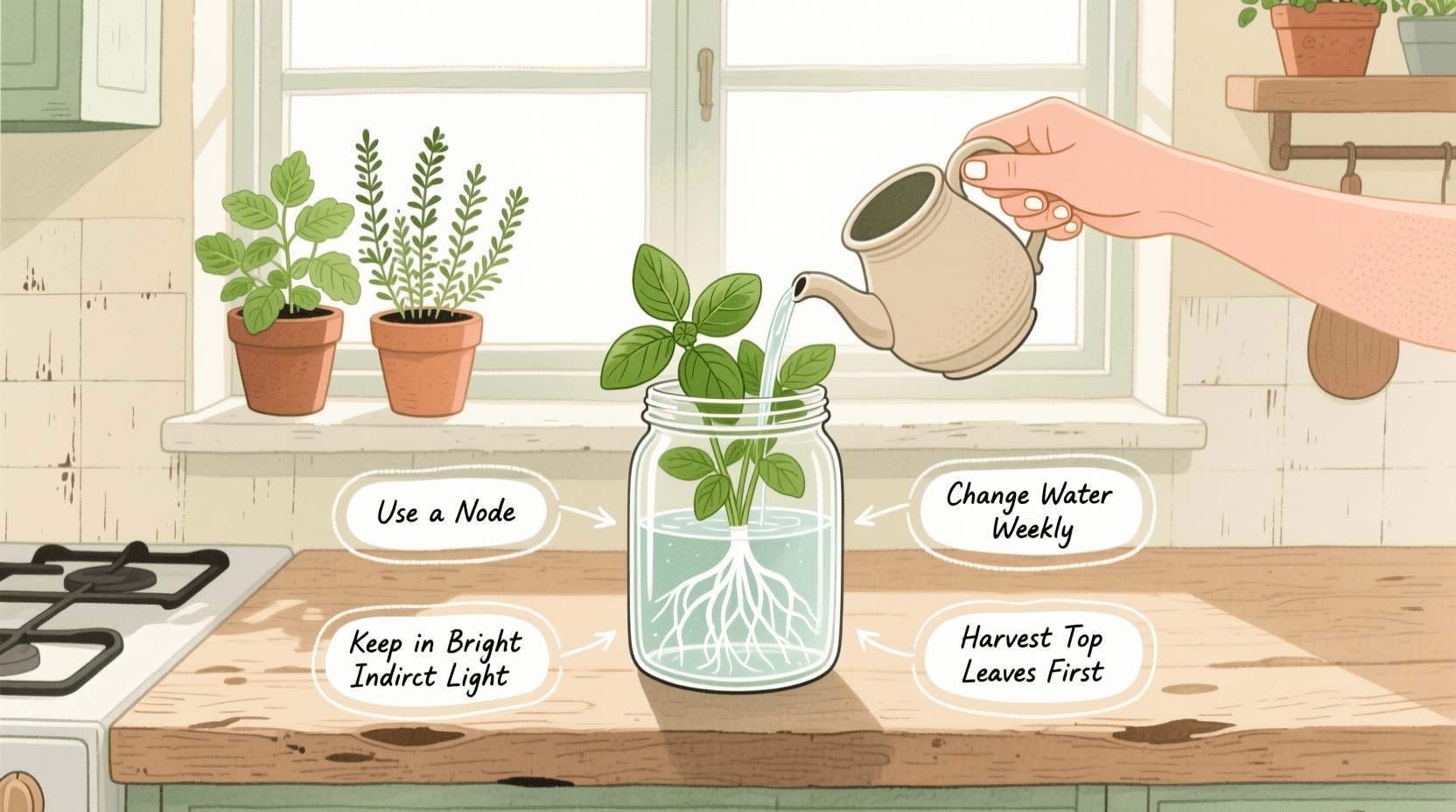 grow basil in water indoors with healthy roots in a clear jar on a kitchen windowsill