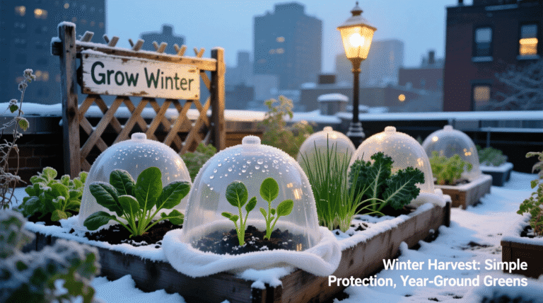 balcony garden in winter with plants protected by cloches and fleece on a snowy urban balcony