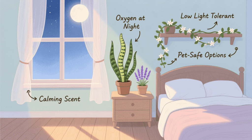 best indoor plants for bedrooms including snake plant, lavender, and jasmine on a nightstand in a calm, dimly lit room