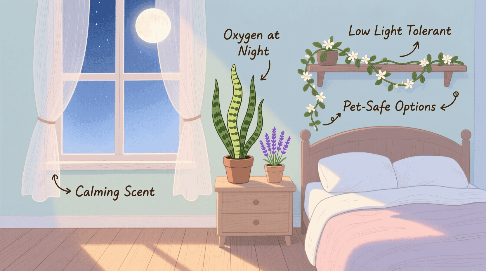 best indoor plants for bedrooms including snake plant, lavender, and jasmine on a nightstand in a calm, dimly lit room