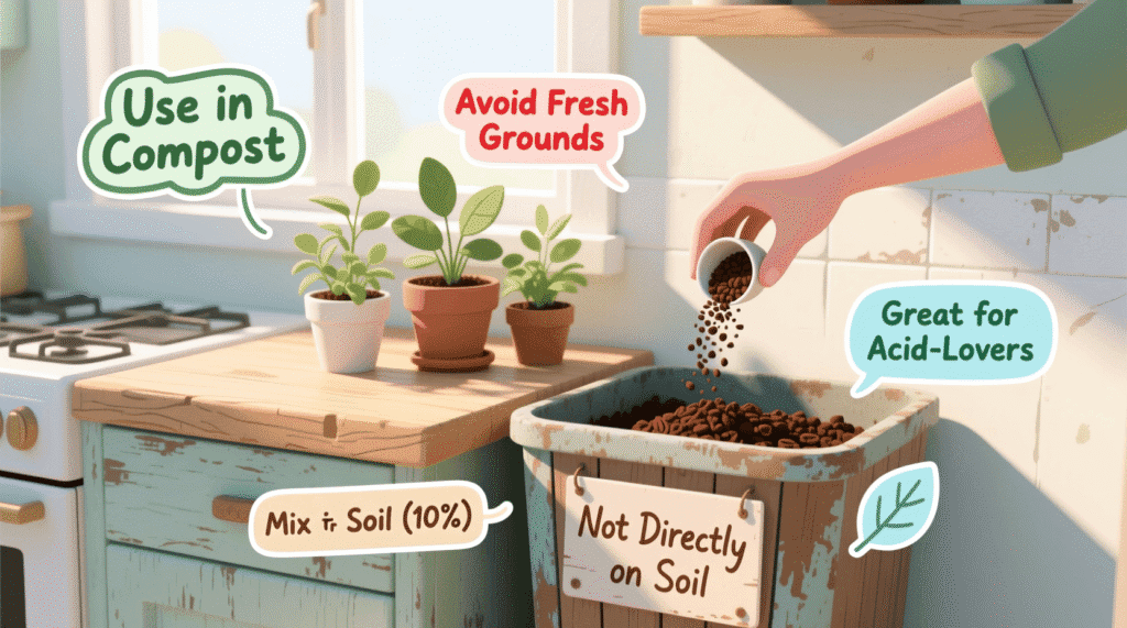 use coffee grounds indoor plants by mixing into soil or compost on a kitchen counter with potted herbs