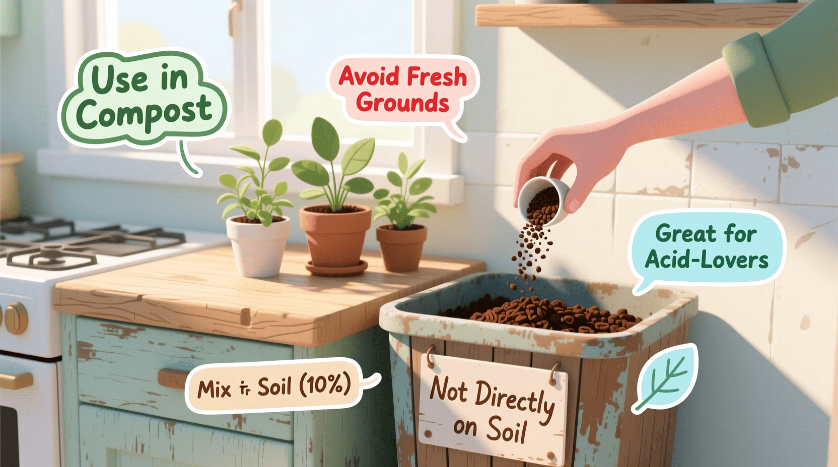 use coffee grounds indoor plants by mixing into soil or compost on a kitchen counter with potted herbs