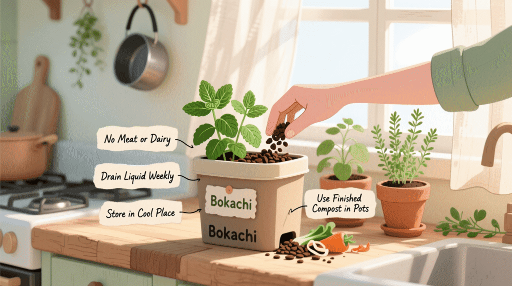 make compost at home in an apartment using a bokashi bin on a kitchen counter with no odor or pests
