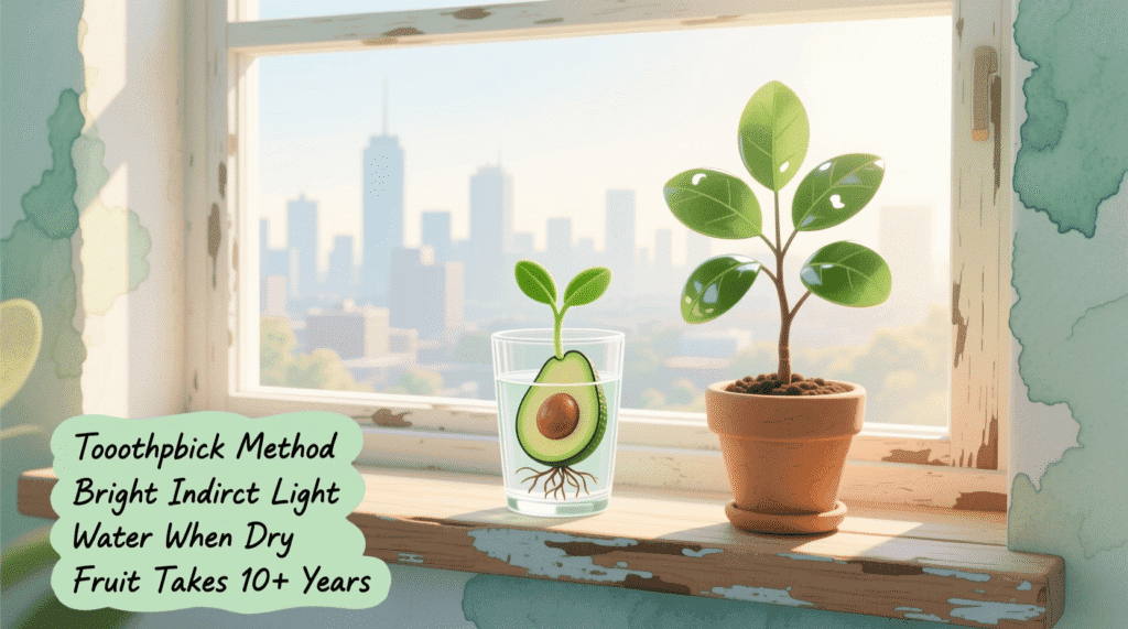 grow avocado from pit indoors with a young tree in a pot on a sunny windowsill