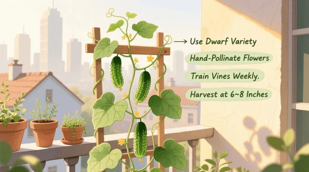 grow cucumbers indoors on trellis with compact vines climbing a small frame on a sunny balcony