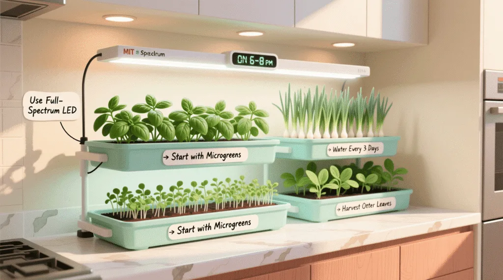grow food in a windowless room using full-spectrum LED grow lights and hydroponic trays on a kitchen counter