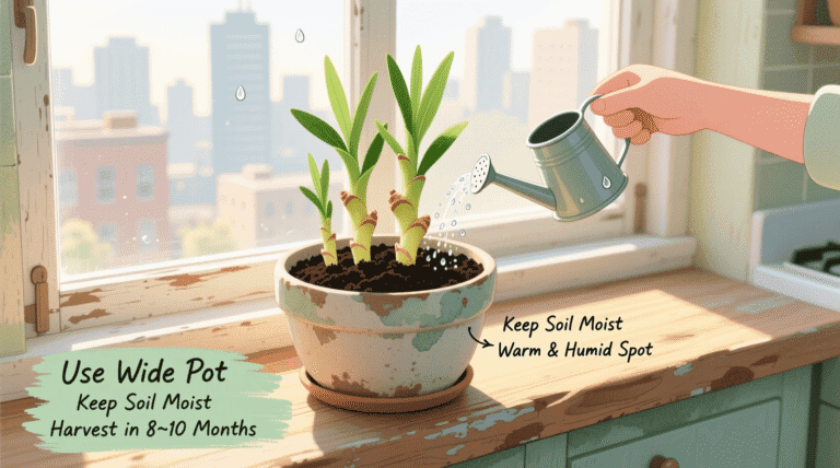 Fresh ginger grown indoors in a pot. Harvest rhizomes in 8–10 months—no garden required.