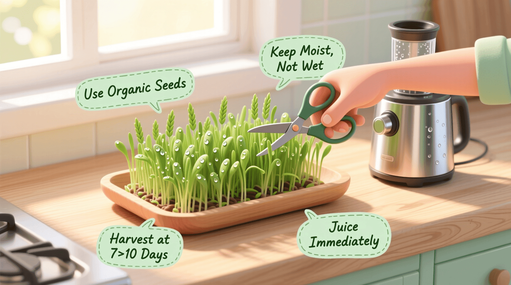 grow wheatgrass indoors for juicing in a shallow tray on a kitchen counter with vibrant green blades ready to harvest