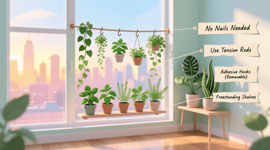 indoor gardening for renters no damage with hanging planters and shelf gardens in a bright apartment