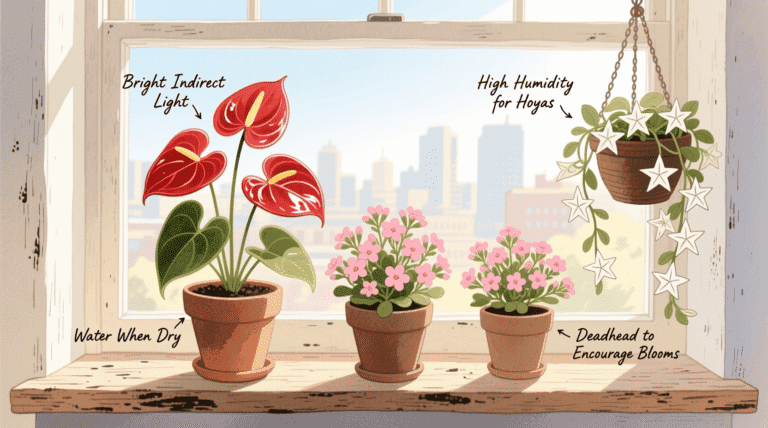 indoor plants that flower all year round, including anthurium, kalanchoe, and hoya, on a sunny windowsill