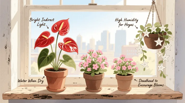 indoor plants that flower all year round, including anthurium, kalanchoe, and hoya, on a sunny windowsill
