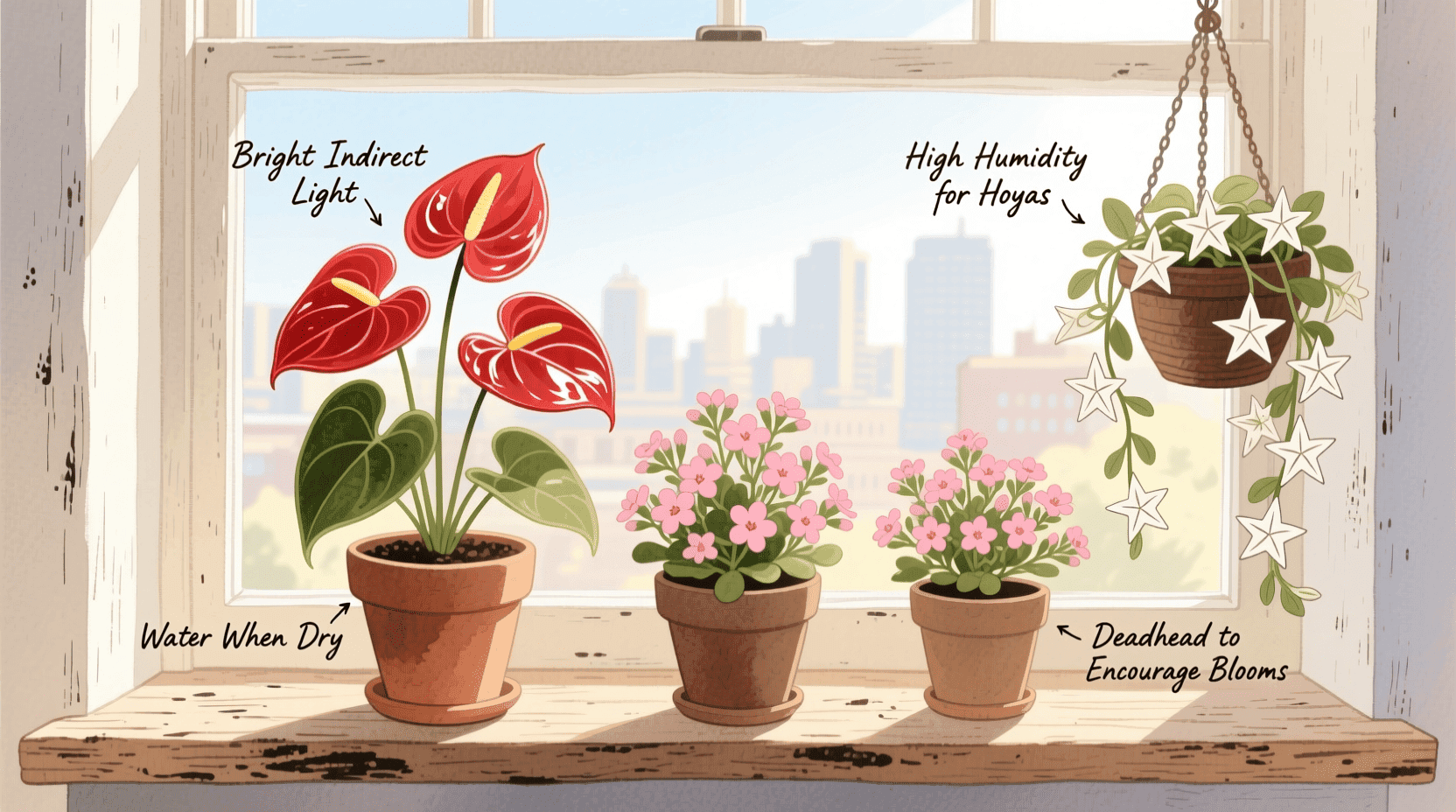 indoor plants that flower all year round, including anthurium, kalanchoe, and hoya, on a sunny windowsill