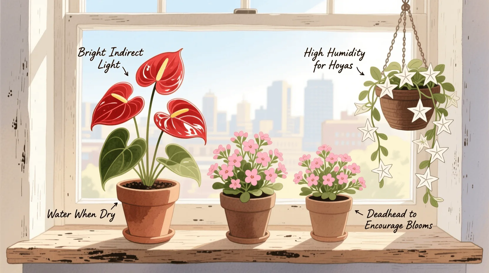 indoor plants that flower all year round, including anthurium, kalanchoe, and hoya, on a sunny windowsill