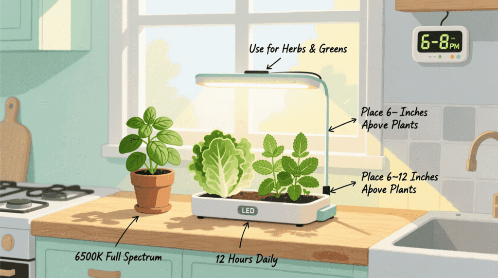 led grow lights for small spaces illuminating basil and lettuce on a kitchen counter in a modern apartment