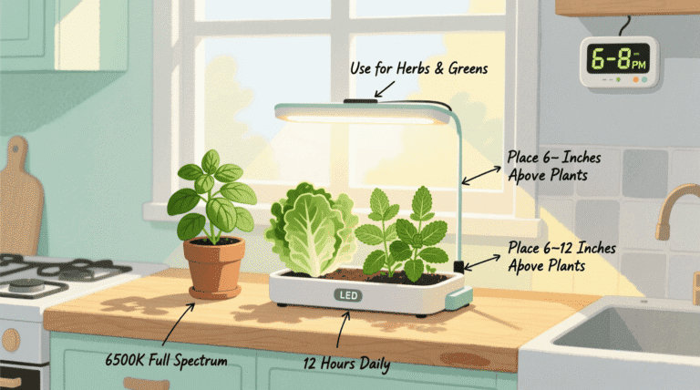 led grow lights for small spaces illuminating basil and lettuce on a kitchen counter in a modern apartment