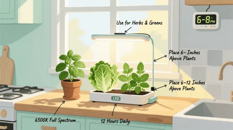 led grow lights for small spaces illuminating basil and lettuce on a kitchen counter in a modern apartment