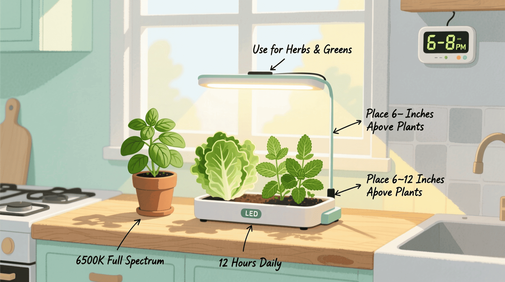 led grow lights for small spaces illuminating basil and lettuce on a kitchen counter in a modern apartment