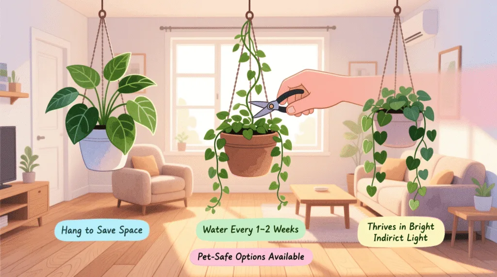 best trailing houseplants for small spaces growing in hanging pots on a sunny balcony with lush cascading foliage