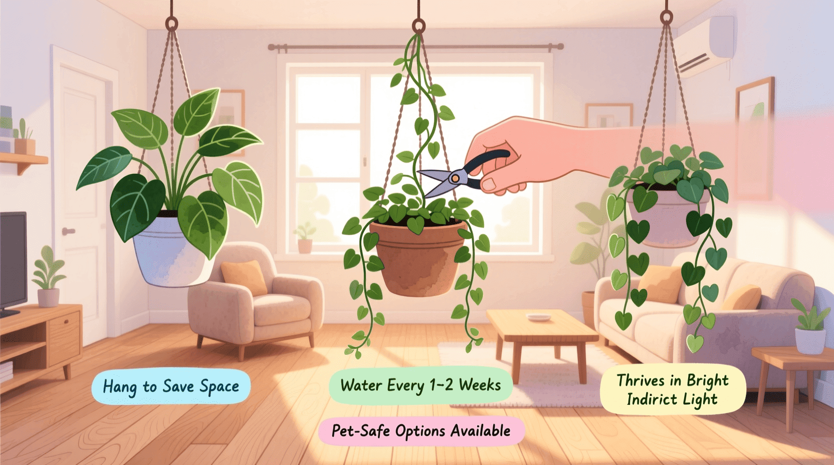 best trailing houseplants for small spaces growing in hanging pots on a sunny balcony with lush cascading foliage