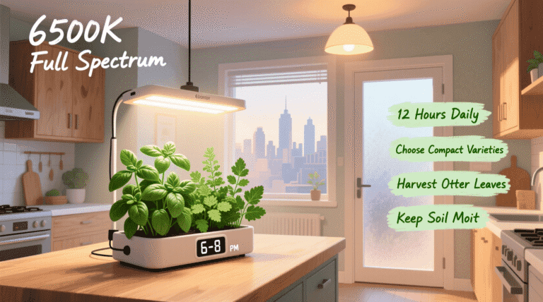 grow herbs in a dark kitchen using a compact LED grow light above basil and parsley on a countertop