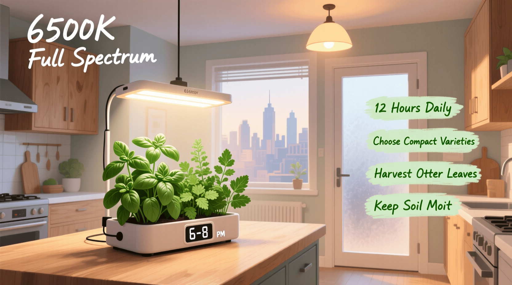 grow herbs in a dark kitchen using a compact LED grow light above basil and parsley on a countertop