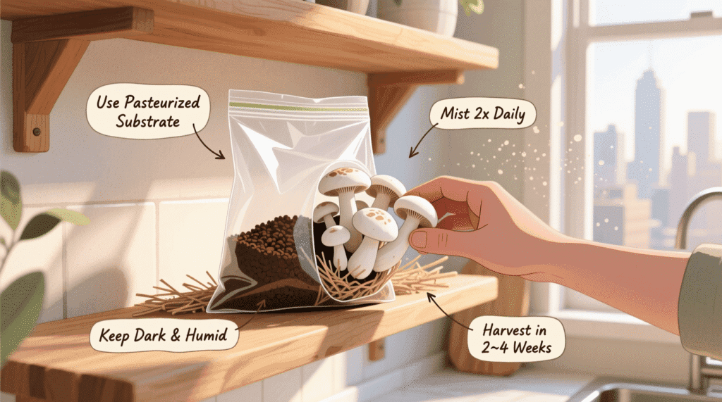 grow mushrooms at home indoors using a recycled coffee bag with oyster mushrooms fruiting in a dark kitchen corner