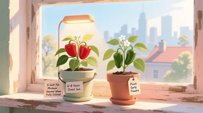 grow peppers indoors year round with compact jalapeño and bell pepper plants in pots under a grow light