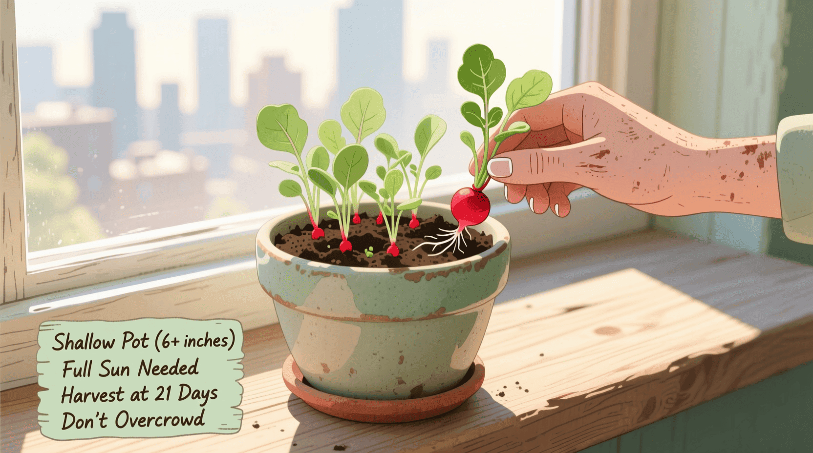 grow radishes indoors in containers with round red radishes emerging from a pot on a sunny windowsill